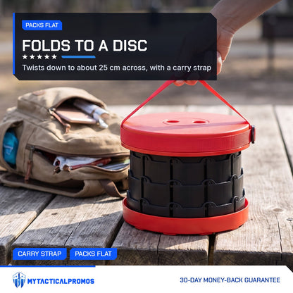 Telescoping Camp Stool collapsed flat and carried by its strap