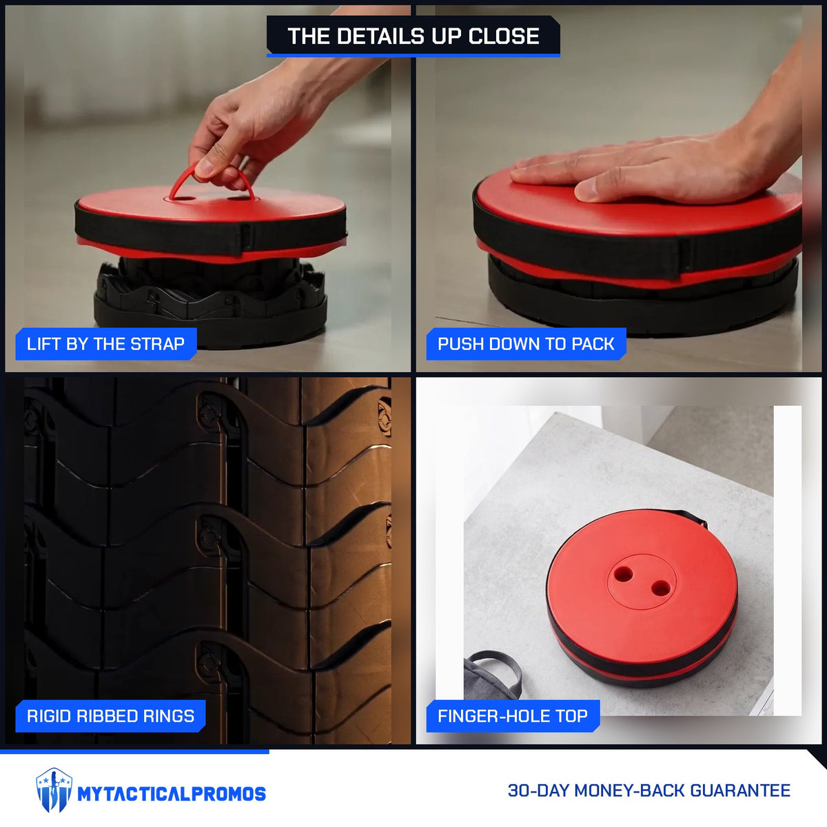 Telescoping Camp Stool close-ups: lifting by the strap, pushing down to pack, rigid ribbed rings, finger-hole top