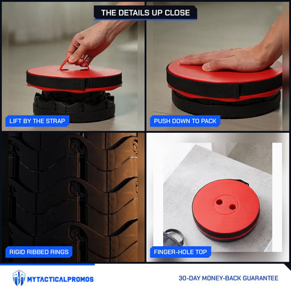 Telescoping Camp Stool close-ups: lifting by the strap, pushing down to pack, rigid ribbed rings, finger-hole top