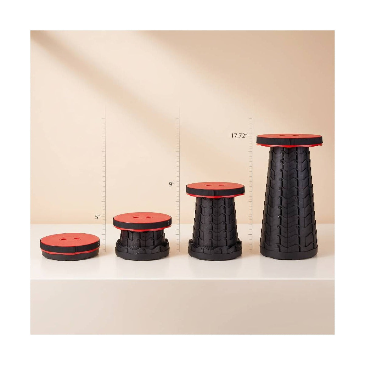Telescoping Camp Stool shown collapsed flat and at three extended heights up to 17.72 inches