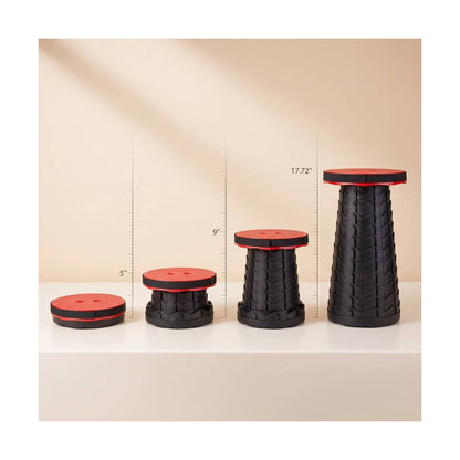 Telescoping Camp Stool shown collapsed flat and at three extended heights up to 17.72 inches