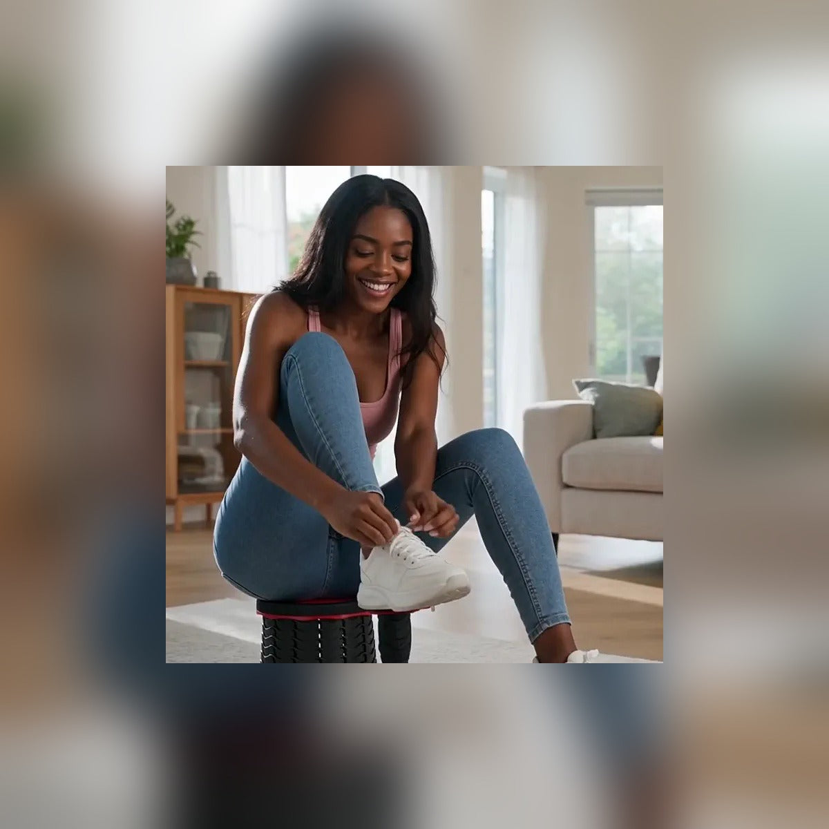 Woman tying her shoe while sitting on the Telescoping Camp Stool at home