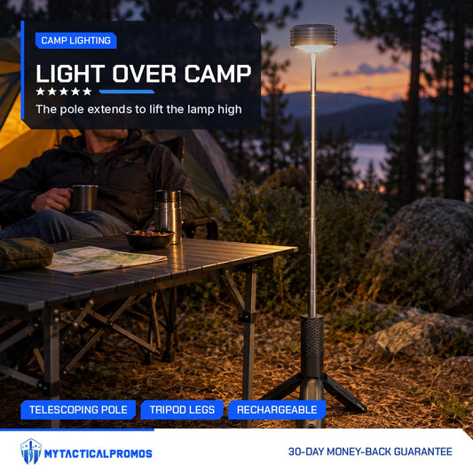 Telescoping Camping Lantern extended tall beside a camp table at dusk