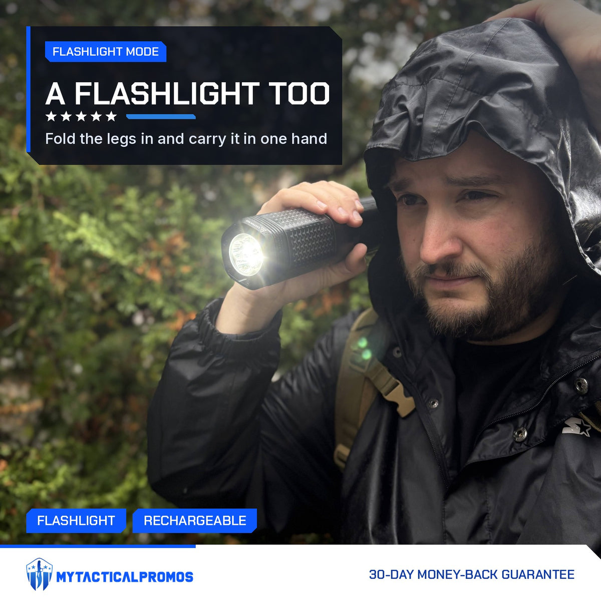 Man in a rain jacket using the Telescoping Camping Lantern as a flashlight