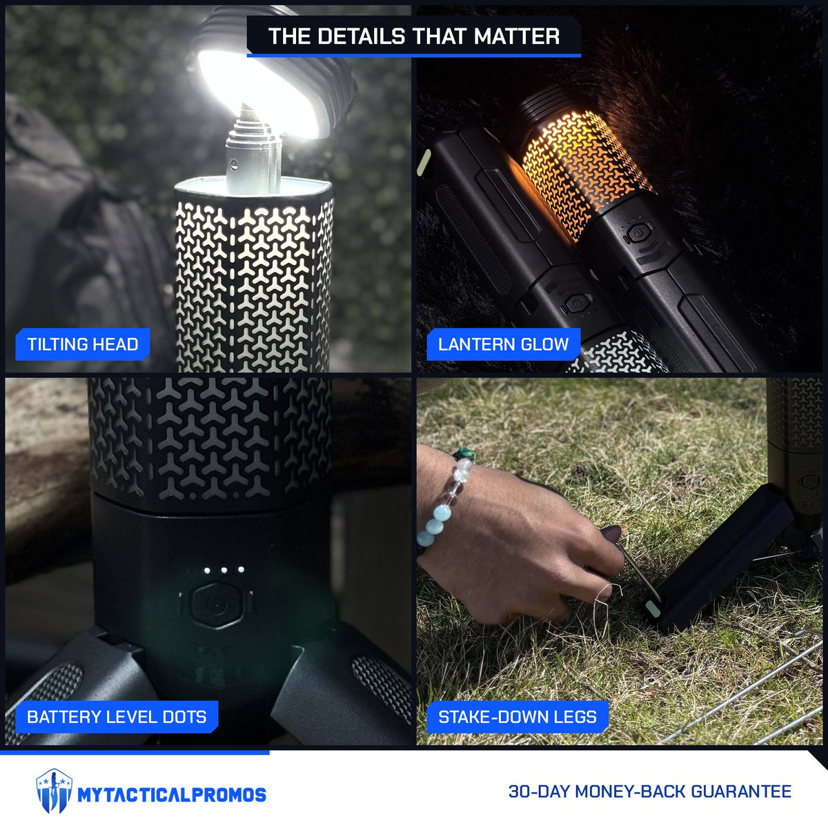 Telescoping Camping Lantern close-ups: tilting head, glowing lantern body, battery level dots, stake-down legs