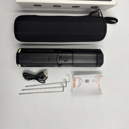 Telescoping Camping Lantern with its zip carry case, USB cable, ground stakes and manual