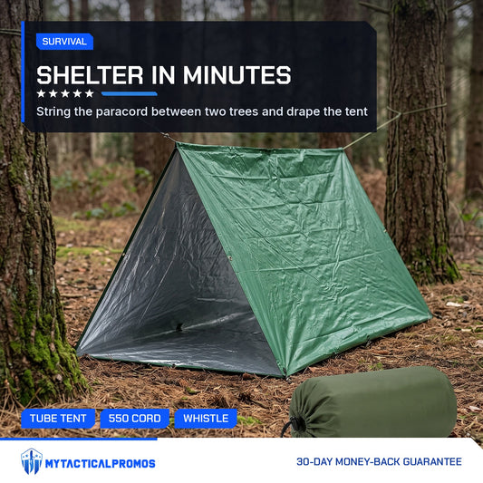 Emergency Tube Tent pitched on a paracord ridgeline between pine trees
