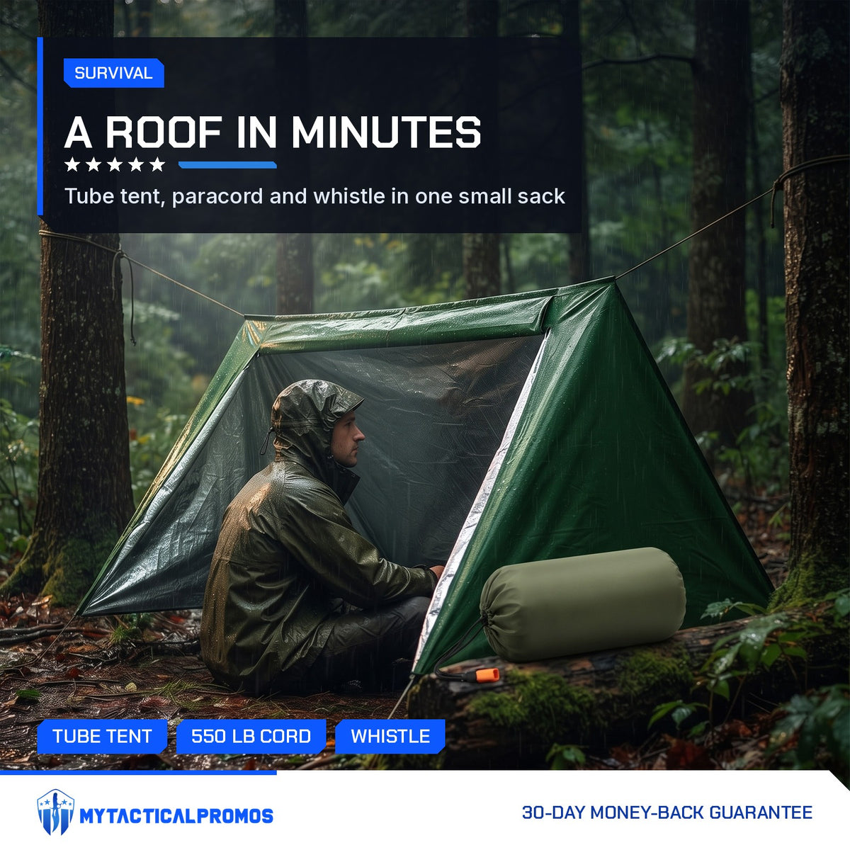 Man sheltering from rain inside the Emergency Tube Tent in the forest