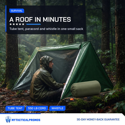 Man sheltering from rain inside the Emergency Tube Tent in the forest