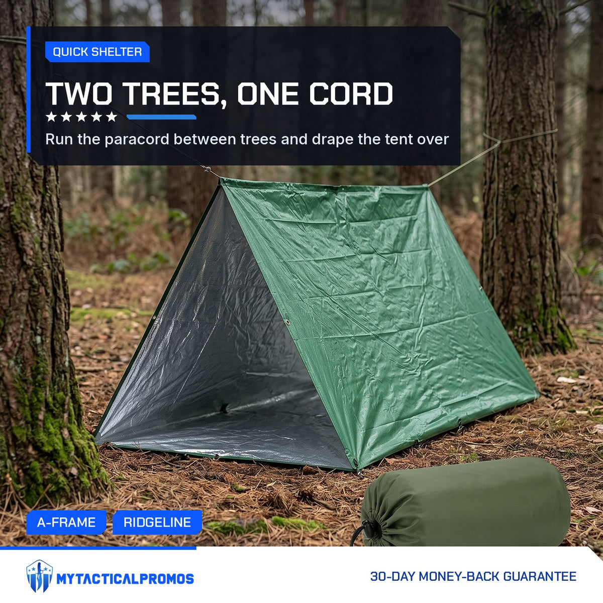 Emergency Tube Tent pitched as an A-frame on paracord between two pine trees