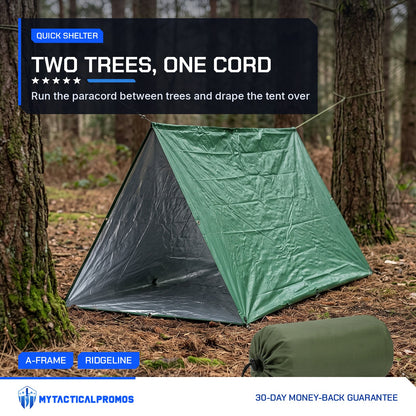 Emergency Tube Tent pitched as an A-frame on paracord between two pine trees