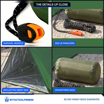 Emergency Tube Tent kit close-ups: survival whistle, 550 lb paracord, reflective inner side, drawstring sack