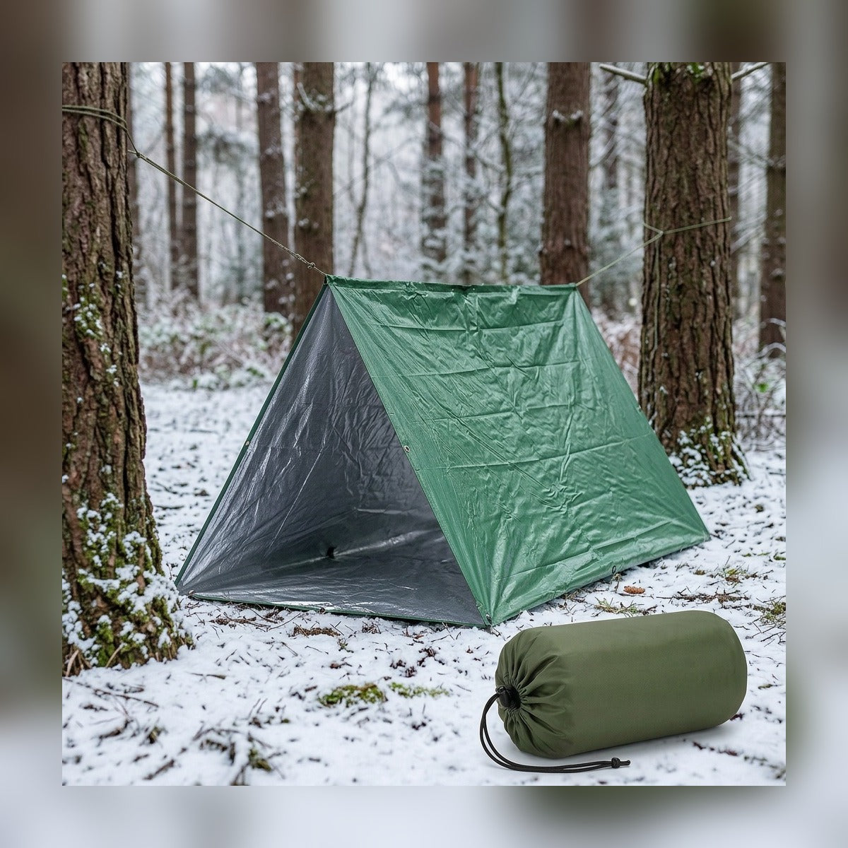 Emergency Tube Tent pitched between trees in a snowy forest