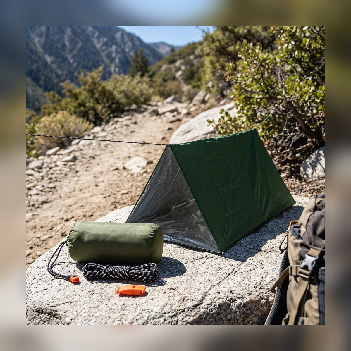 Emergency Tube Tent set up on a rocky mountain trail next to a backpack