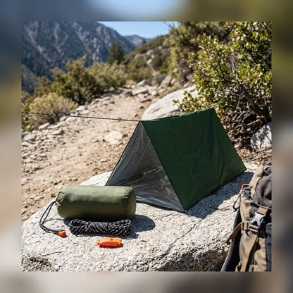 Emergency Tube Tent set up on a rocky mountain trail next to a backpack