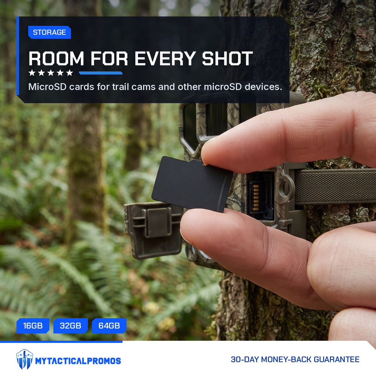 TF Mini SD Card being inserted into a trail camera on a tree