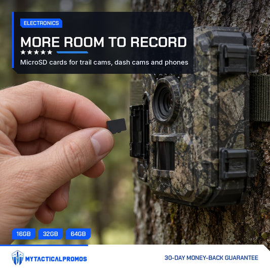TF Mini SD Card held next to a trail camera on a tree