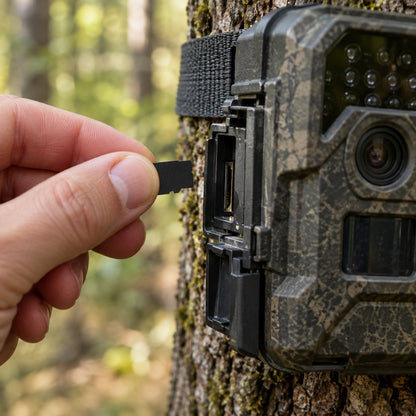 TF Mini SD Card held in fingertips next to a trail camera card slot