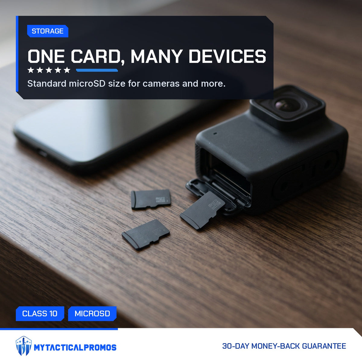 TF Mini SD Cards on a desk next to an action camera and phone