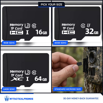 TF Mini SD Cards in 16GB SDHC, 32GB SDHC and 64GB SDXC, and a card going into a trail camera