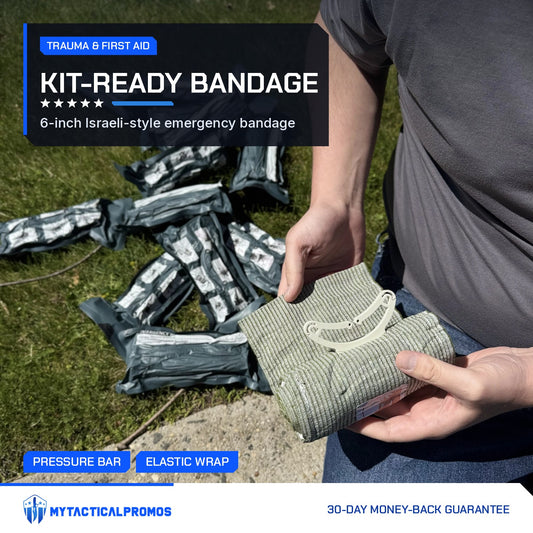 Trauma Bandage 6-inch Israeli-style emergency bandage unrolled in hand with sealed packs on the grass