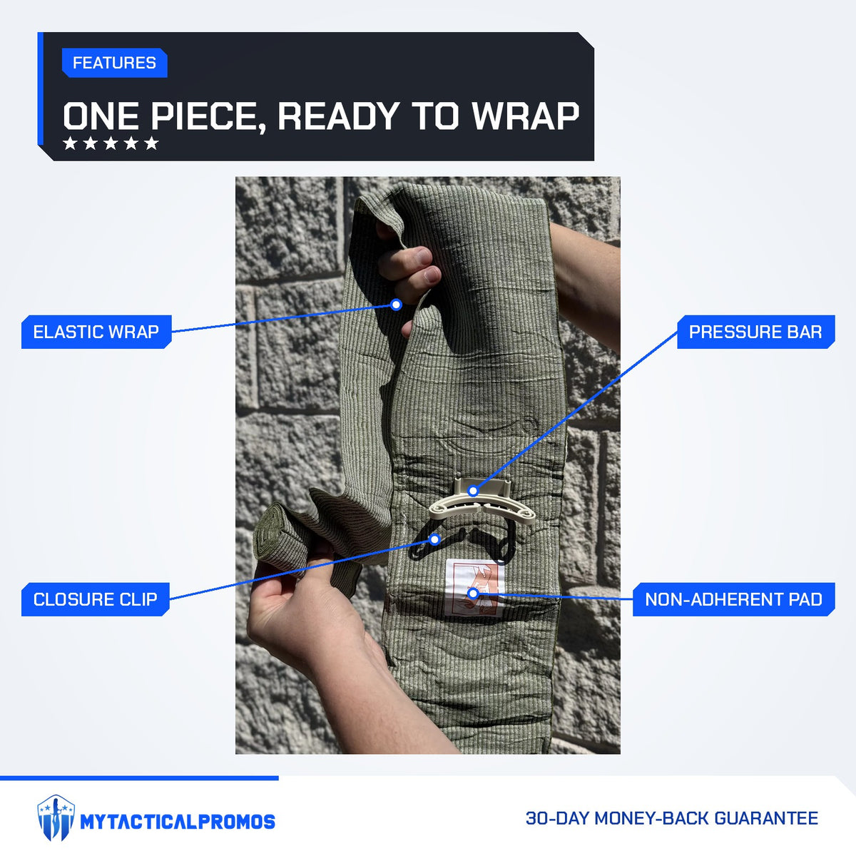 Trauma Bandage features labeled: elastic wrap, closure clip, pressure bar, non-adherent pad