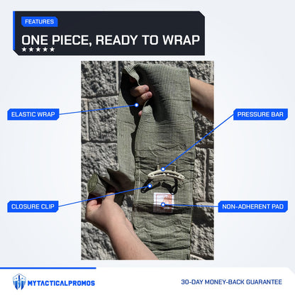 Trauma Bandage features labeled: elastic wrap, closure clip, pressure bar, non-adherent pad