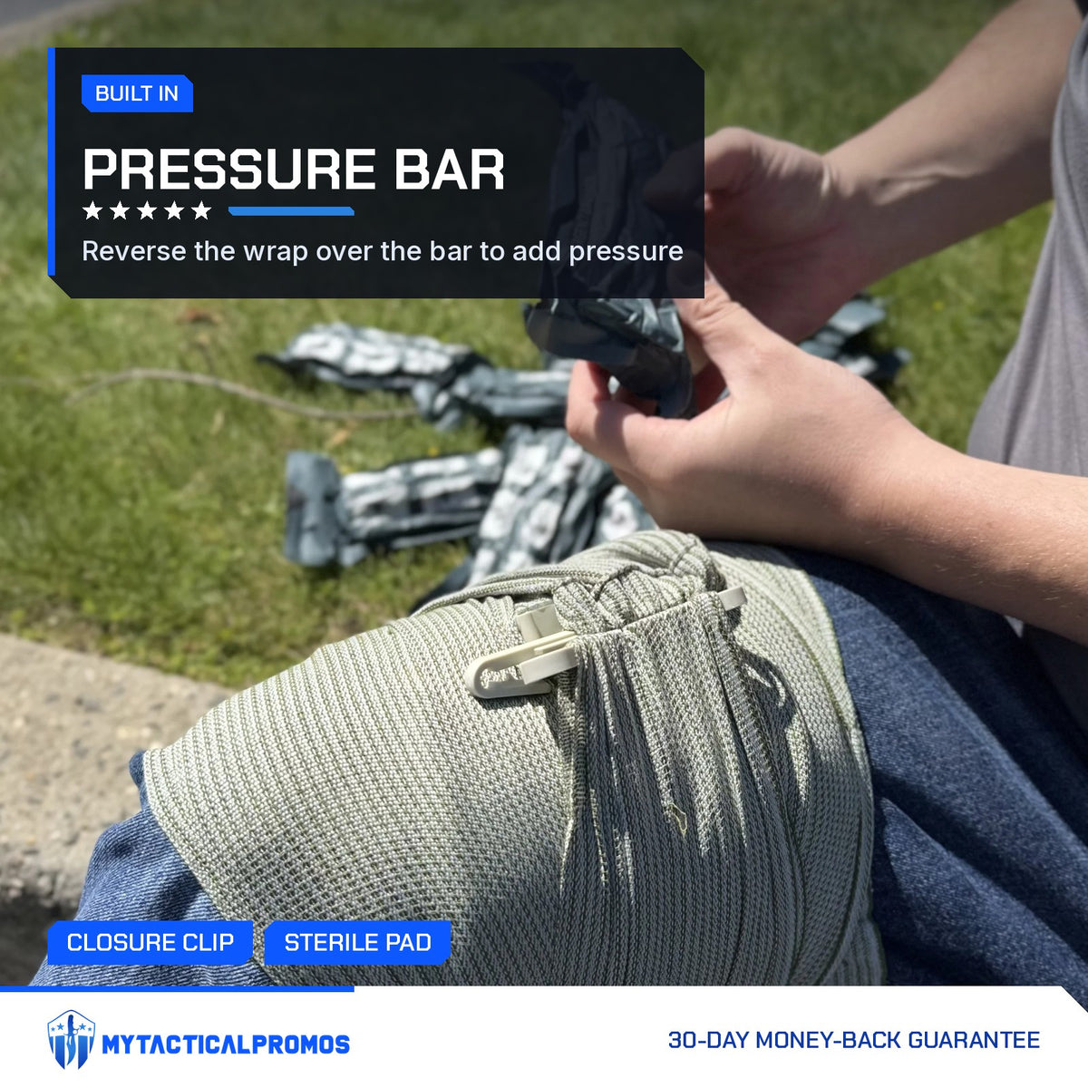 Trauma Bandage being wrapped over a knee with the pressure bar in place