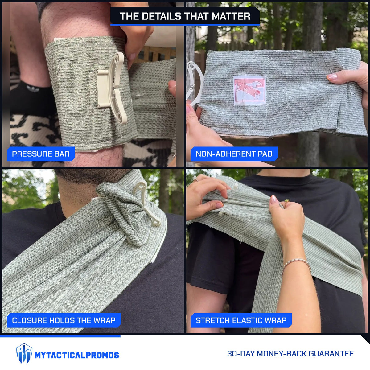 Trauma Bandage close-ups: pressure bar on a leg, non-adherent pad, closure holding the wrap, stretch elastic wrap