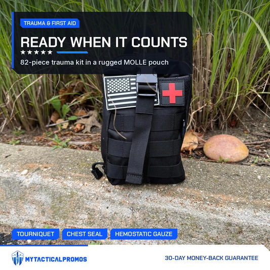MyTacticalPromos Trauma First Aid Kit, 82-piece MOLLE trauma kit outdoors with US flag and red cross patches