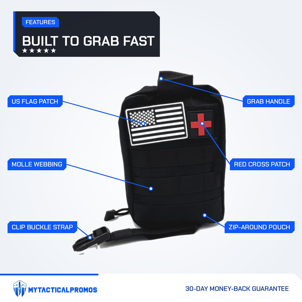 Trauma First Aid Kit features labeled: US flag patch, MOLLE webbing, clip buckle strap, grab handle, red cross patch, zip-around pouch