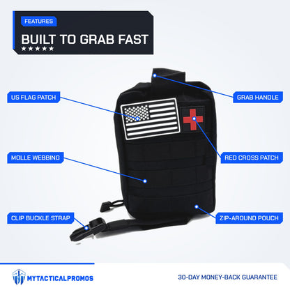 Trauma First Aid Kit features labeled: US flag patch, MOLLE webbing, clip buckle strap, grab handle, red cross patch, zip-around pouch