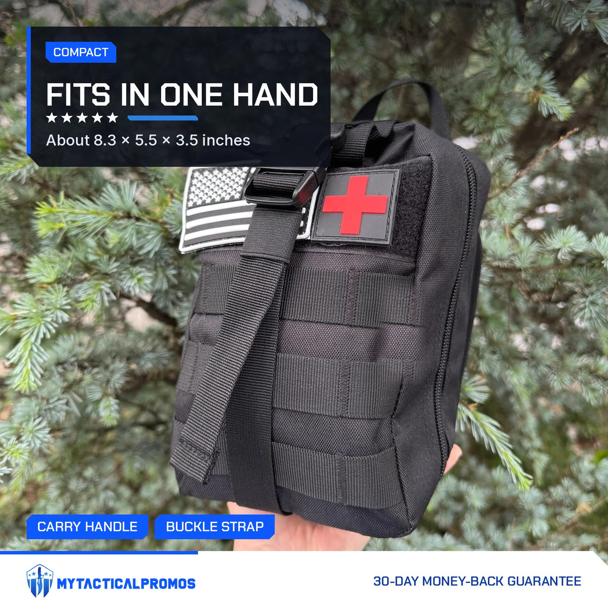 Trauma First Aid Kit held in one hand to show its compact size