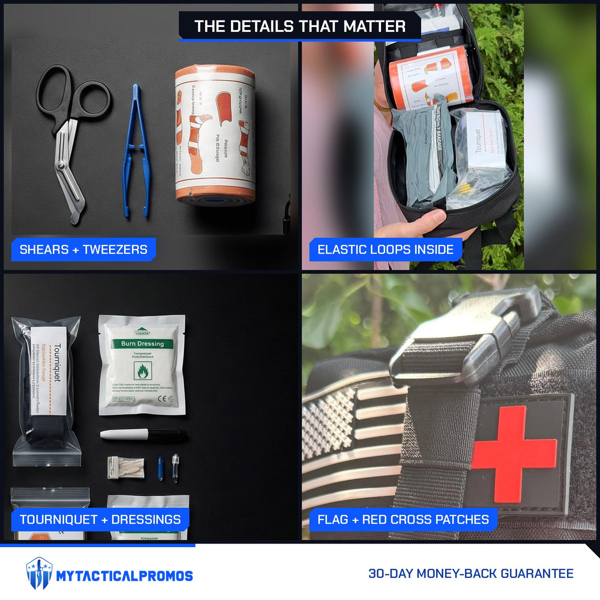 Trauma First Aid Kit close-ups: shears and tweezers, elastic loops inside, tourniquet and dressings, flag and red cross patches
