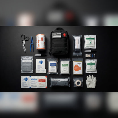 Trauma First Aid Kit contents laid out beside the pouch: shears, tweezers, tourniquet, dressings, gauze, tape and gloves