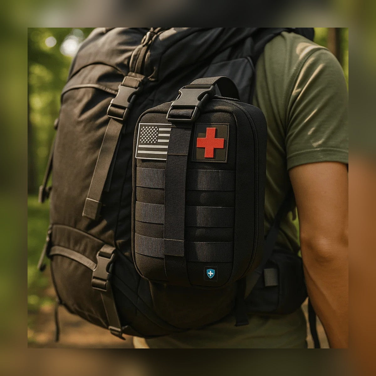 Trauma First Aid Kit pouch mounted on a backpack by its MOLLE straps