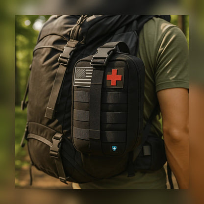 Trauma First Aid Kit pouch mounted on a backpack by its MOLLE straps