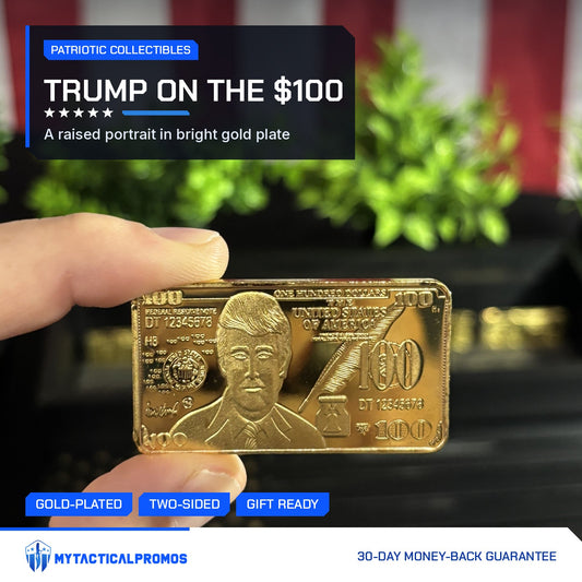 Trump $100 portrait gold-plated bar held up in front of an American flag