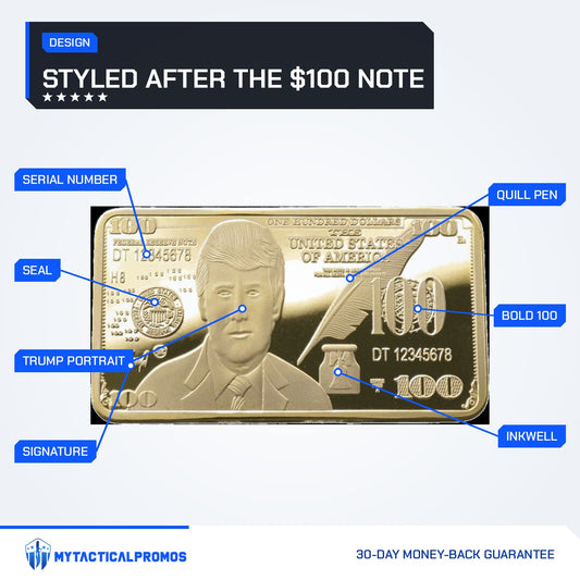 Trump $100 portrait gold-plated bar features labeled: serial number, seal, signature, Trump portrait, quill pen, bold 100, inkwell