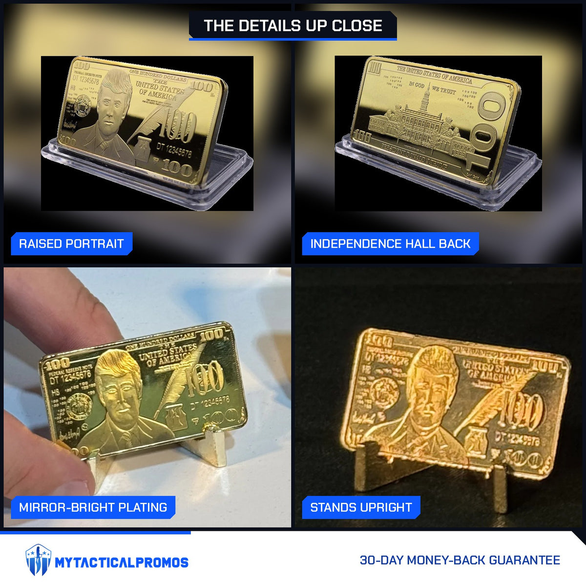 Trump $100 portrait gold-plated bar close-ups: raised portrait, Independence Hall back, plating, standing upright
