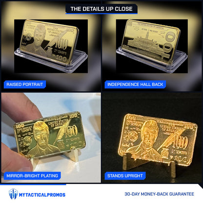 Trump $100 portrait gold-plated bar close-ups: raised portrait, Independence Hall back, plating, standing upright