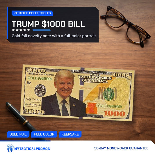 Trump $1000 gold foil novelty bill on a wooden desk