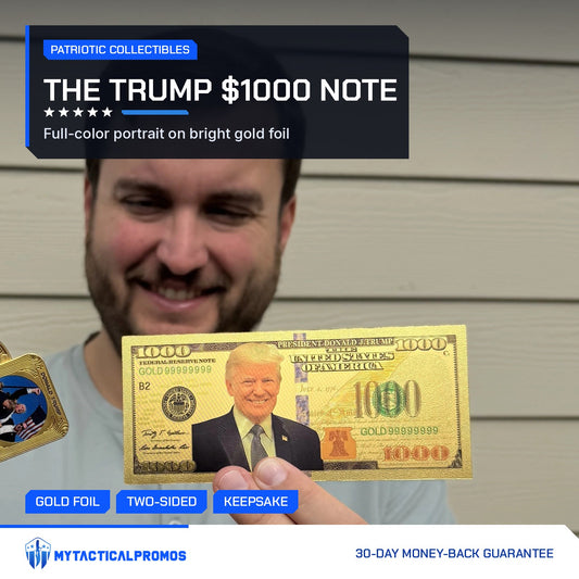 Smiling man holding up the Trump $1000 gold foil novelty bill outdoors