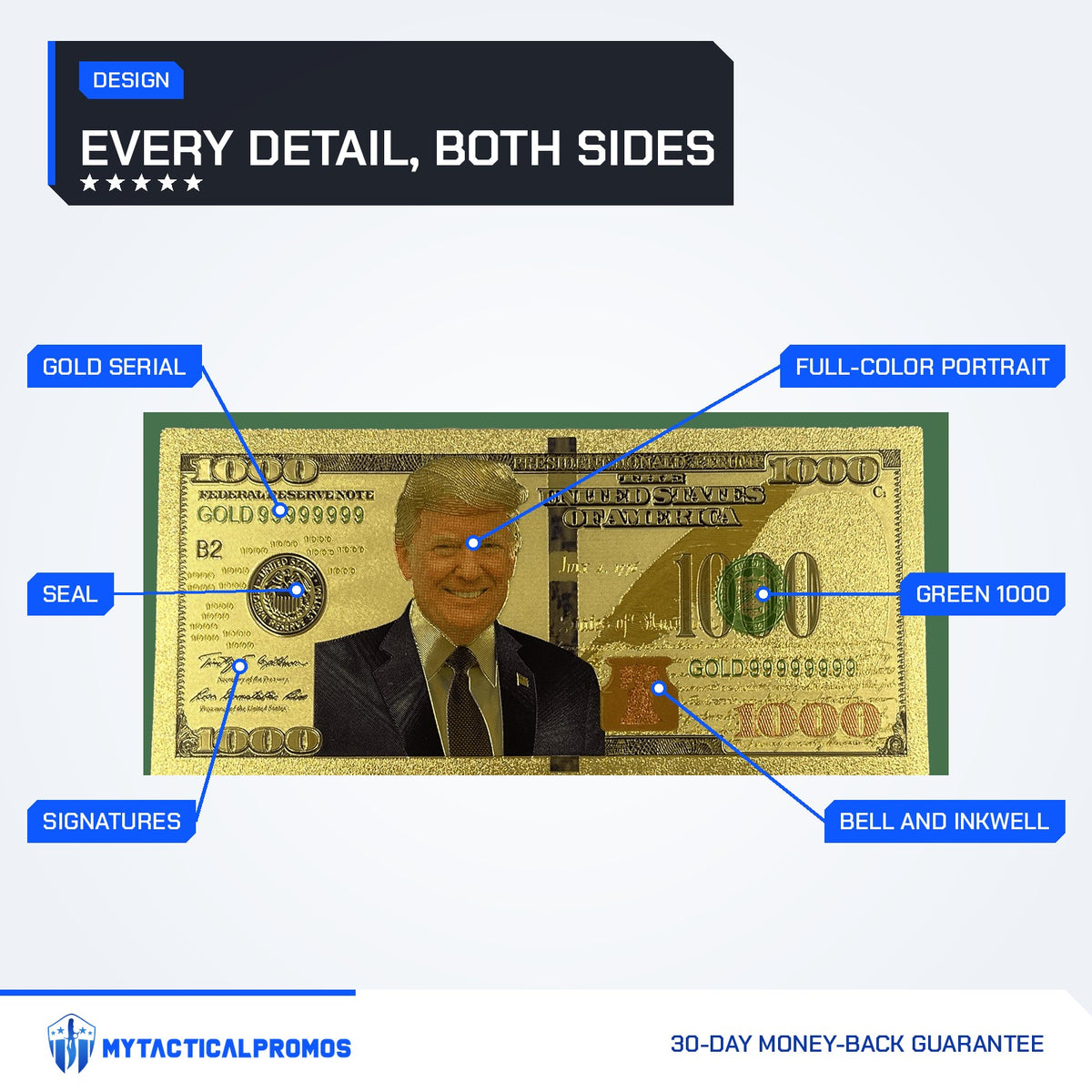 Trump $1000 gold foil novelty bill features labeled: gold serial, seal, signatures, full-color portrait, green 1000, bell and inkwell