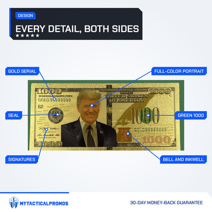 Trump $1000 gold foil novelty bill features labeled: gold serial, seal, signatures, full-color portrait, green 1000, bell and inkwell