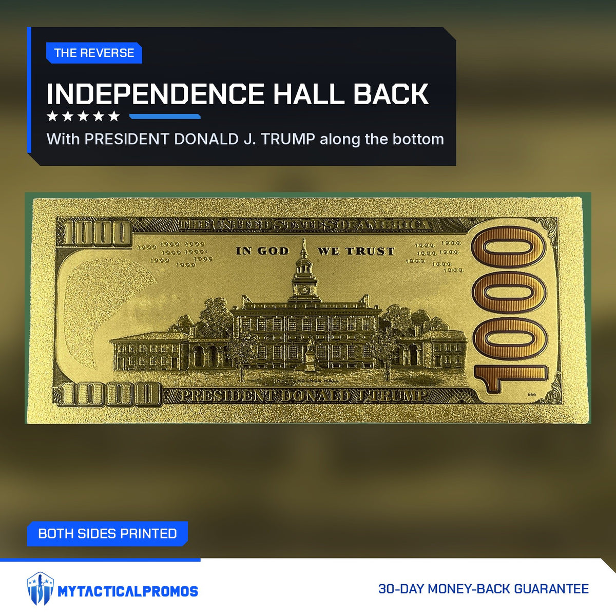 Back of the Trump $1000 gold foil novelty bill showing Independence Hall and PRESIDENT DONALD J. TRUMP