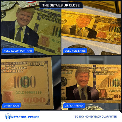 Trump $1000 gold foil novelty bill close-ups: portrait, gold foil shine, green 1000, standing on display
