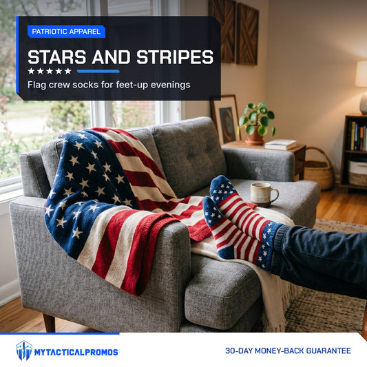 Feet up on a couch wearing American Flag Socks under a flag blanket