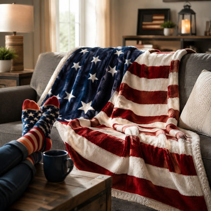 American Flag Socks worn with feet up on a coffee table
