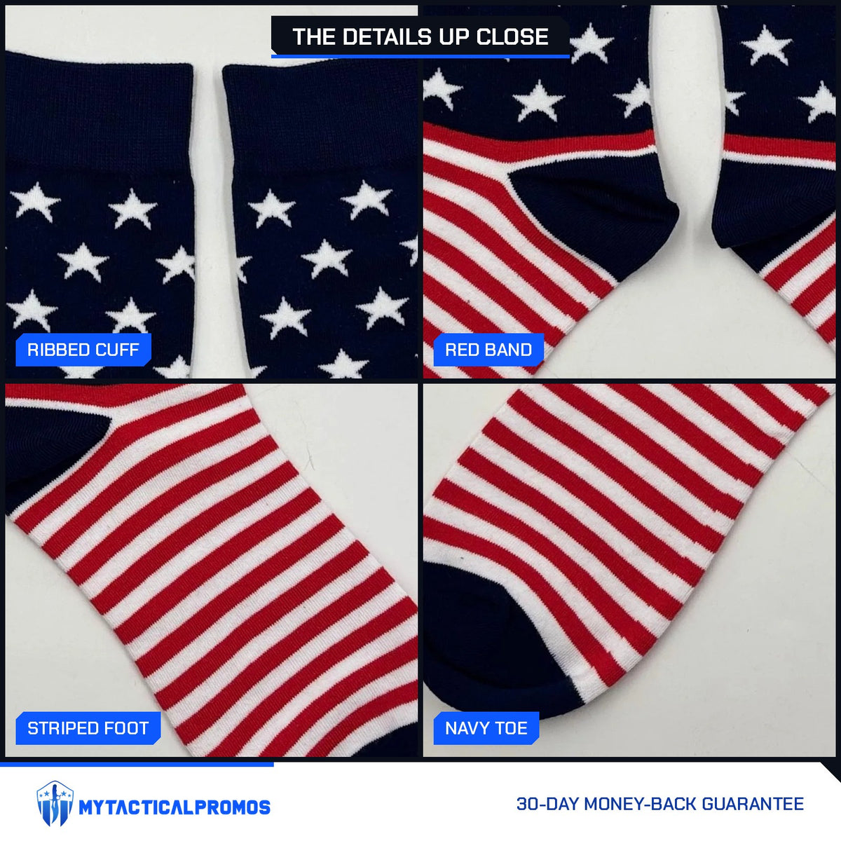 American Flag Socks close-ups: ribbed cuff, red band, striped foot, navy toe